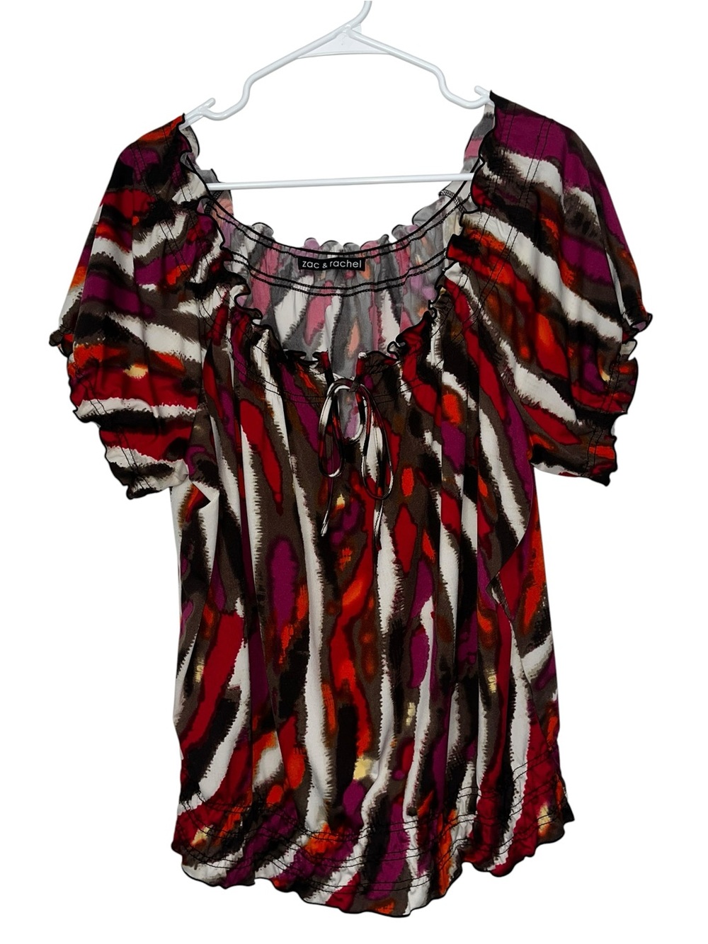 Zac & Rachel Geo Print Lace Up Tie Puff Sleeve Top Size XL - Picture 2 of 8
